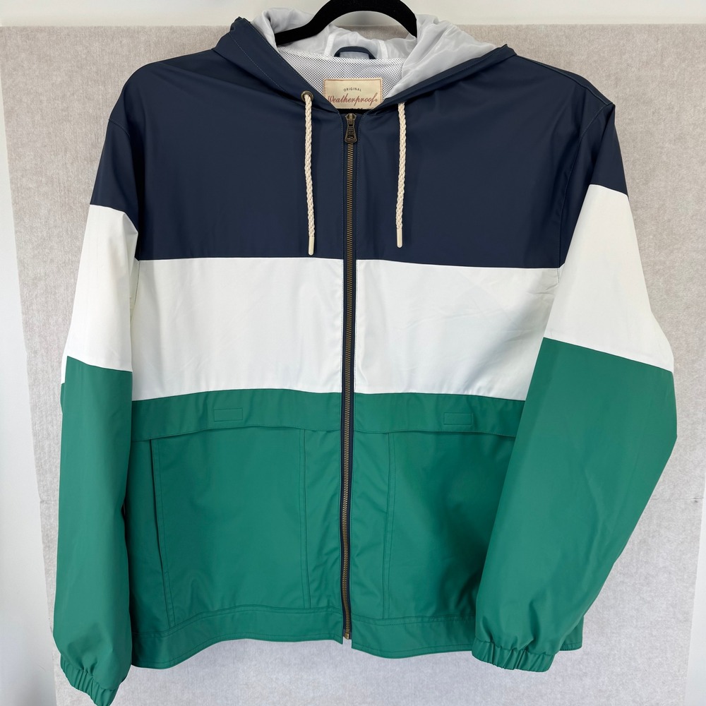 Weatherproof Mens XXL Colorblock Rain Sailing Jacket Hooded White Blue Green